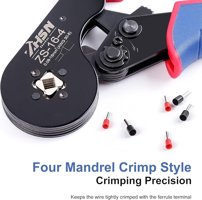 Ferrule Crimper, Zhushan 16-4 Square Jaw Ferrule Crimping Tool AWG 30-5 (0.08-16mm²) Worked for Wire Terminals Cables End-sleeves