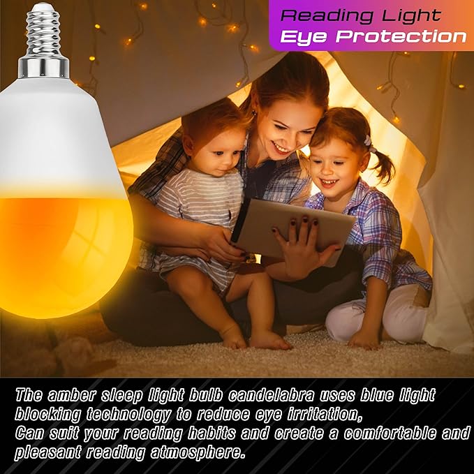 E12 Small Candelabra Base Amber Sleep Light Bulb, 1800K Blue Light Blocking, C7 G45 Warm Night Light Bulbs 25W 40W Equivalent, 3W 300LM Dim Lamp Bulbs for Healthy Sleep, Bedroom, Non-Dimmable, 2pack