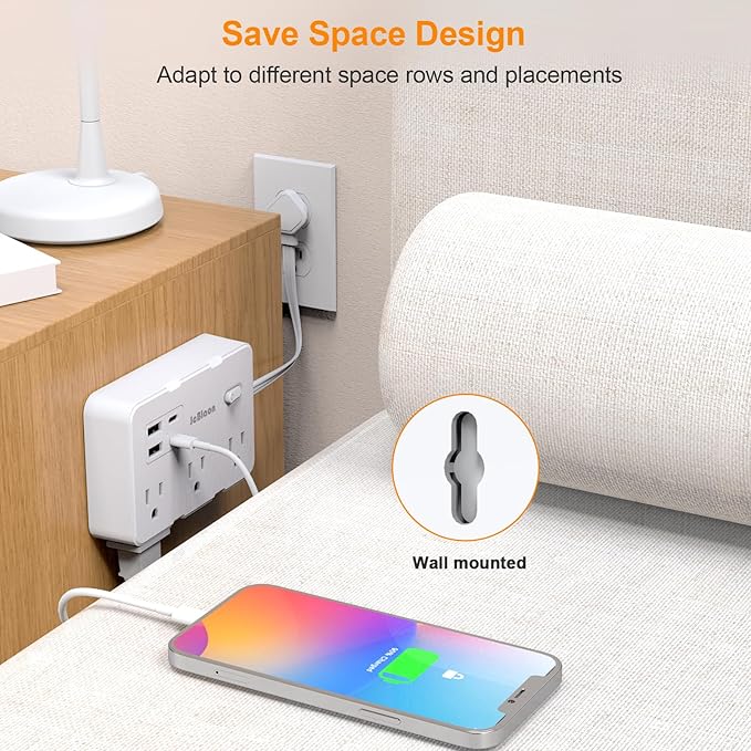 Surge Protector Power Strip, Flat Plug Extension Cord 0.65 FT with 6 Outlets 4 USB Charger (2 USB C), 1050J Protection Multiple Outlets Charging Station for Home, Office, College Dorm Room