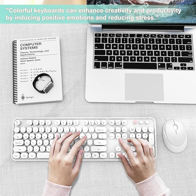 Wireless Keyboard and Mouse Combo, Ergonomic Full Size Typewriter Retro Round Keycaps Keyboard, Compatible with Windows, PC, Perfer for Home and Office Keyboards（White）