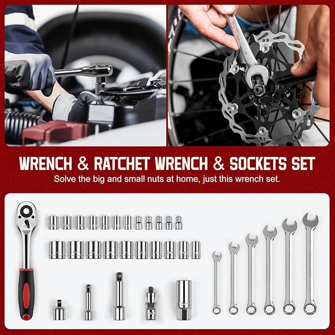 Sundpey Home Tool Kit with Drawer - 379-PCs Portable Complete Household and Auto Repair Tool Set - Hand General Basic Tool Box Storage Case - Full Basic Toolkit for Handyman & Diyer & Homeowner Red