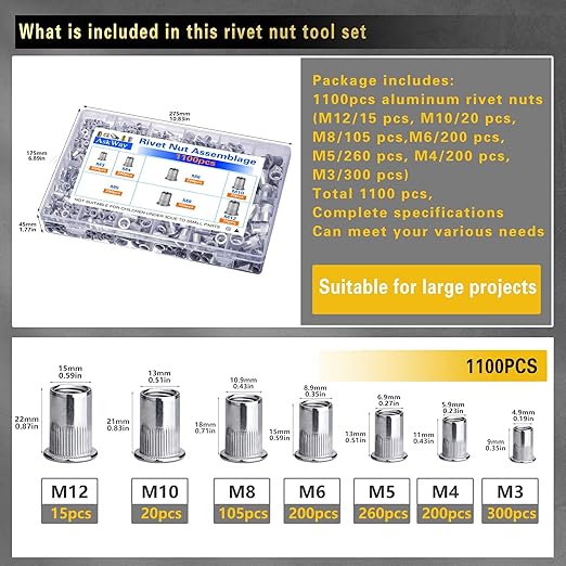 Rivet Nuts 1100 PCS, Metric Insert Rivet Nut Combination Kit, Aluminum Flat Head Thread Insert Rivet Nuts, Suitable for Automotive, Furniture Decoration, Sheet Metal Assembly and Industrial Products