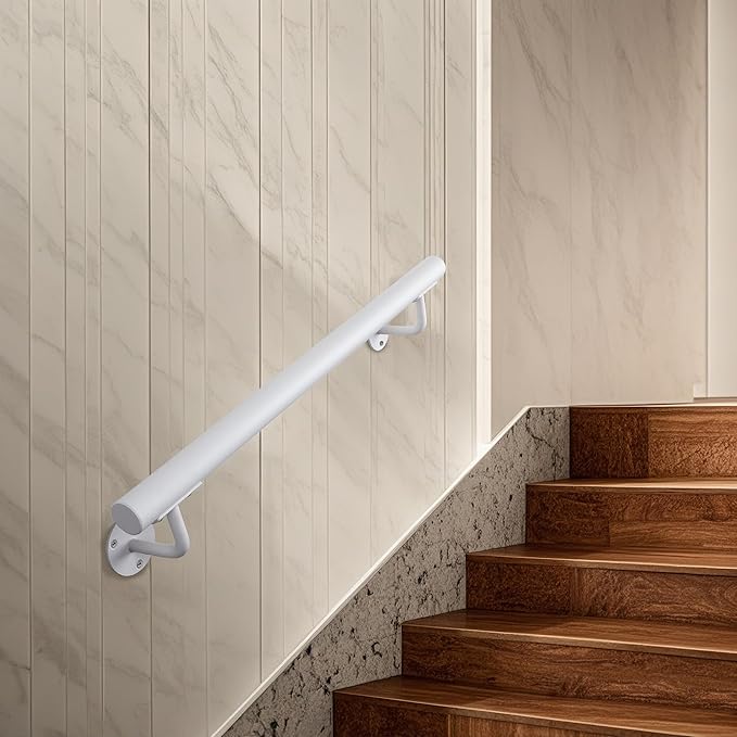 2 FT Heavy Duty White Metal Stairs Railing Indoor, Wall Mount Pipe Stair Handrail - Hand Rails for Indoor & Outdoor Steps, Banister Deck Porch Patio Railing, Wall Grab Bars for Seniors