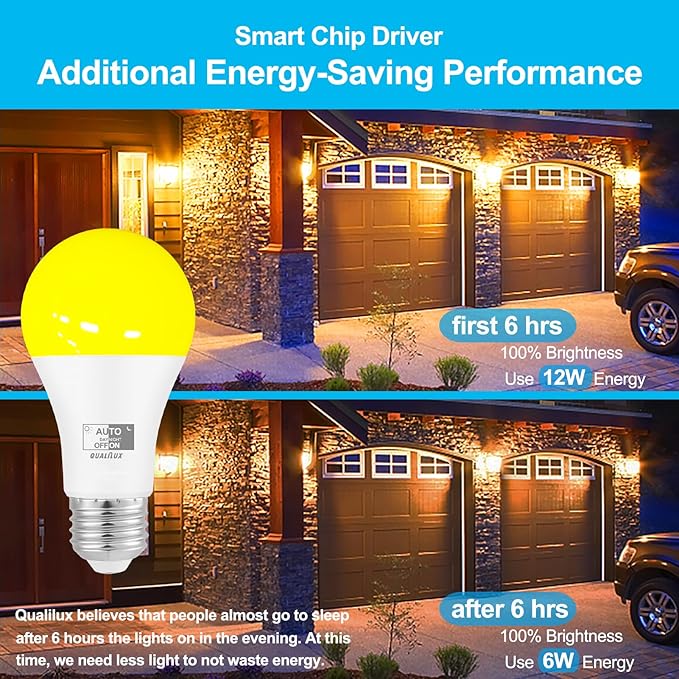 Dusk to Dawn Bug Light Bulbs Outdoor, 1900K Amber Yellow, 800 Lumen, LED 12W, A19 E26, 2-Pack, HQ-H019