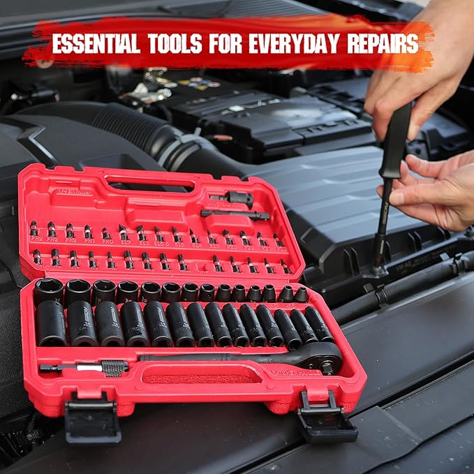64-Piece 1/4" Drive Impact Socket Wrench Driver-Bits Set, Cr-V Metric&SAE Deep and Shallow Socket Set, S2 Power Bits with Quick-Release Ratchet Handle, Universal Joint, Bit Holder, Power Drill Adapter