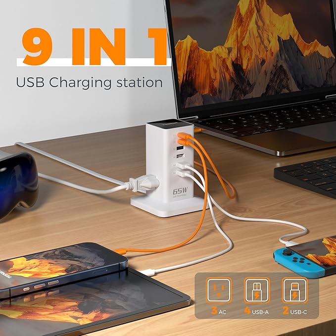 USB Charging Station for Multiple Devices PD 65W, TESSAN 9-in-1 USB C Charger Block for iPhone 16/15, MacBook, Tablet, Type C Desktop Charger with 3 AC, Home Travel Office Accessories, White