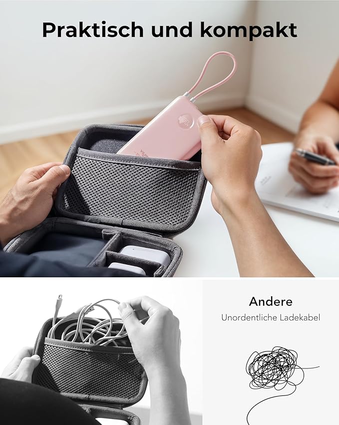 Slim Portable Charger 10000mAh, Travel Power Bank with Built-in USB-C Cable & LED Display, 22.5W Fast Charging Battery Pack Compatible with iPhone 16 15 Samsung S24 S23 -Pink