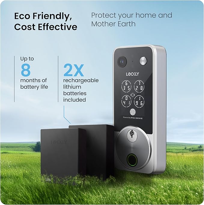 Lockly Vision Zeno Smart Lock with Video Doorbell Camera, Fingerprint Keyless Entry with Apple Home Key, Wi-Fi Deadbolt for Front Door, PIN Genie Keypad, App Remote Control, 2 Rechargeable Batteries