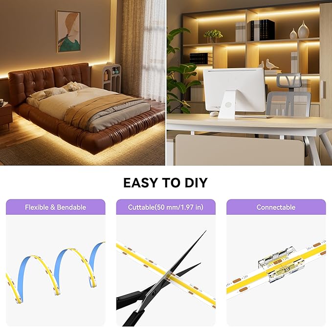 MIWISE COB LED Strip,2700K Warm White 20ft/6.1m,Dimmable Super Bright 24V LED Strip Light,CRI 90+ Flexible Tape Light with RF Remote Timer Function,for Shelf/Cabinet/Bedroom/TV DIY Lighting Project