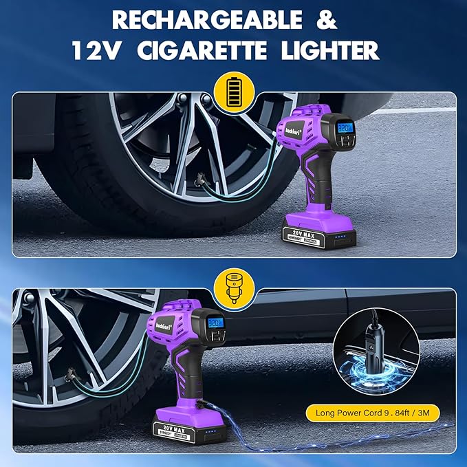 Tire Inflator Portable Air Compressor, 20V Cordless Car Tire Pump, Rechargeable Battery Powered Air Compressor w/12V DC Adapter Purple