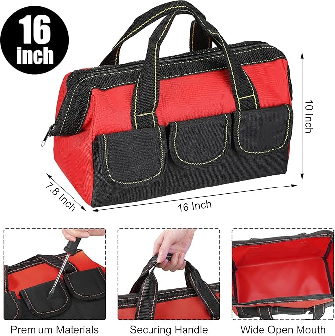 Sanwuta 3 Pack Tool Bag for Men with Waterproof Hard Bottom, Heavy Duty Tool Bag Wide Mouth Tote for Various Instrument, Electrician Carpenter Mechanic(16 Inch,Red)