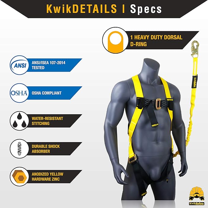 KwikSafety - SCORPION Safety Harness [w/Attached 6ft Lanyard] Safety Harness Fall Protection Kit ANSI OSHA