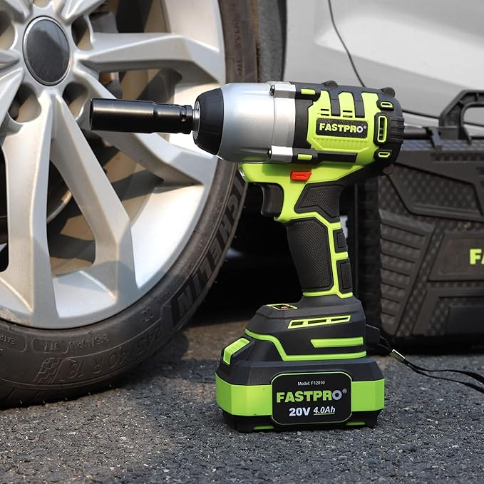 FASTPRO Cordless Impact Wrench, 1/2 Inch Brushless Impact Gun (500N.M) with 4.0 Ah Battery & Charger, Includes 4 Sockets and Storage Case – Ideal for Automotive and DIY Projects