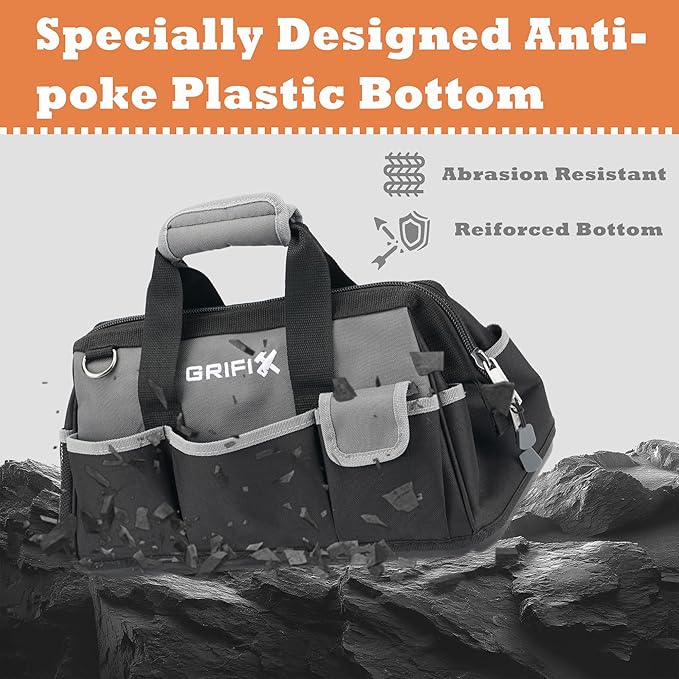 16-inch Tool Bag, Portable Tool Box Organizer Storage, Wide Mouth Tool Tote Bag with Large Zipper, 17-Pocket Adjustable Shoulder Strap and Ergonomic Handle (16" Molded Base)