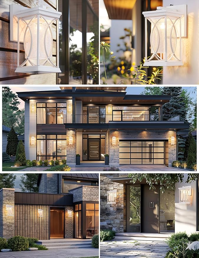 White Outdoor Sconce Dusk to Dawn Exterior Light Fixtures Wall Mount Porch Light Modern Outdoor Wall Light Aluminum with Crack-Like Glass IP65 Waterproof Outside Coach Light for House