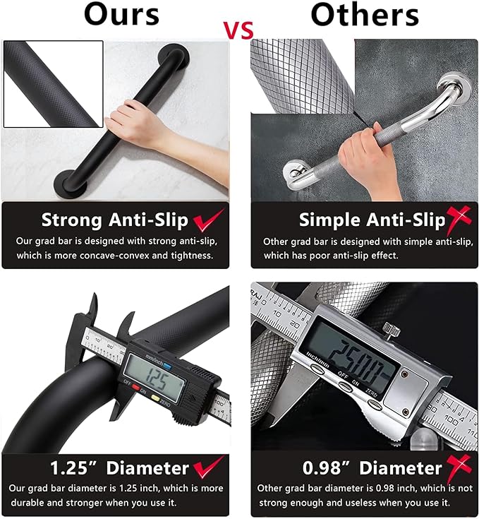 Shower Grab Bar, 2 Pack 16 Inch Black Bathroom Grab Bar, 1.25" Diameter 304 Stainless Steel Anti-Slip Grab Bars for Bathtubs and Showers, Handicap Shower Grab Bar for Seniors Elderly