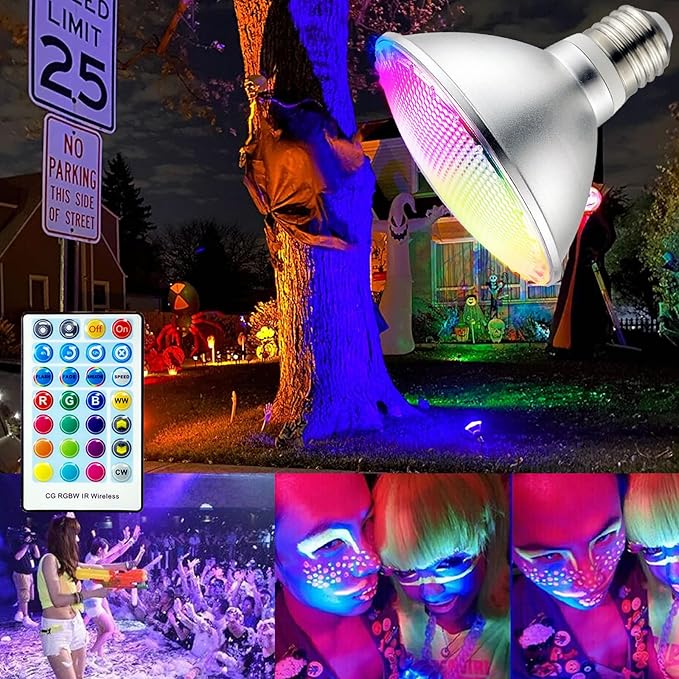 2 Pack,PAR30S RGBWCT LED Bulbs,RGB+Warm+Cool White(2700K-6500K)+Timing, LED Flood Light,Indoor/Outdoor,IR Remote Control, Waterproof Lawn Lamp for Home Courtyard Christmas Party Decoration