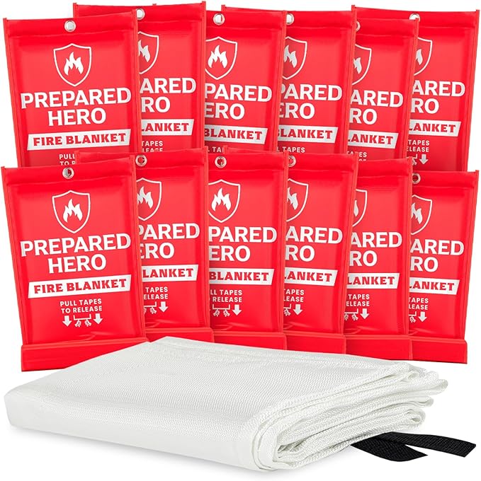 Prepared Hero Emergency Fire Suppression Blanket - 12 Pack, 40' x 40' Fiberglass Fire Blanket for Home and Kitchen