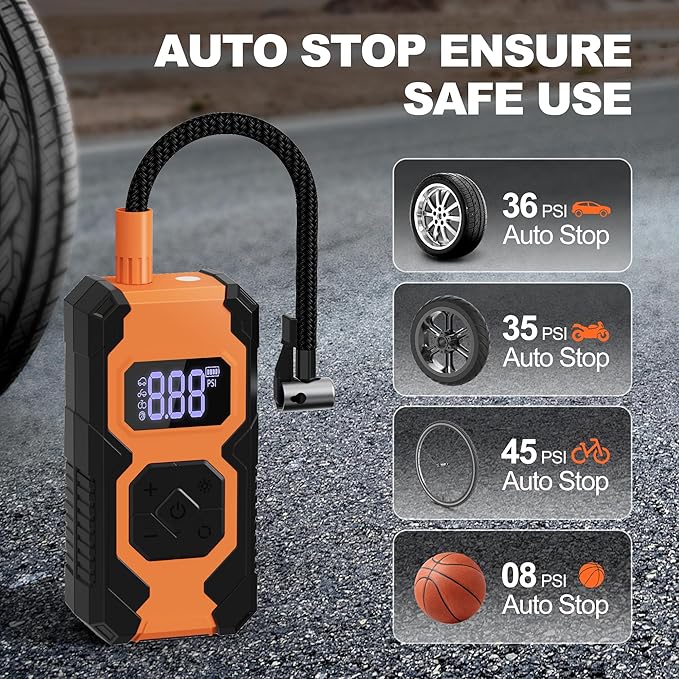 Tire Inflator Portable Air Compressor,3X Faster Portable Air Pump for Car Tires with 7800mAh Battery,150PSI Cordless Air Pump with Digital Pressure Gauge for Cars,Bike &Motorcycle,Black+Orange