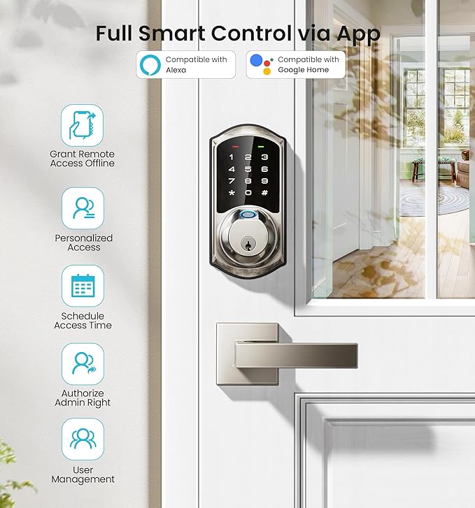 Veise VE07-L Fingerprint Smart Locks for Front Door with 2 Lever Handle Set, App Control, Keyless Entry, Electronic Digital Keypad Deadbolt, Auto Lock, Waterproof, Easy to Install, Satin Nickel