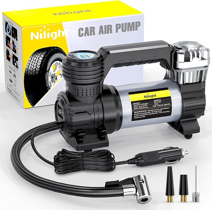 Nilight Portable Air Compressor Tire Inflator 12V Heavy Duty 120PSI Metal Pump Double Cylinder Digital Pressure Fast Inflate Auto Shutoff for Car SUV Motorcycle