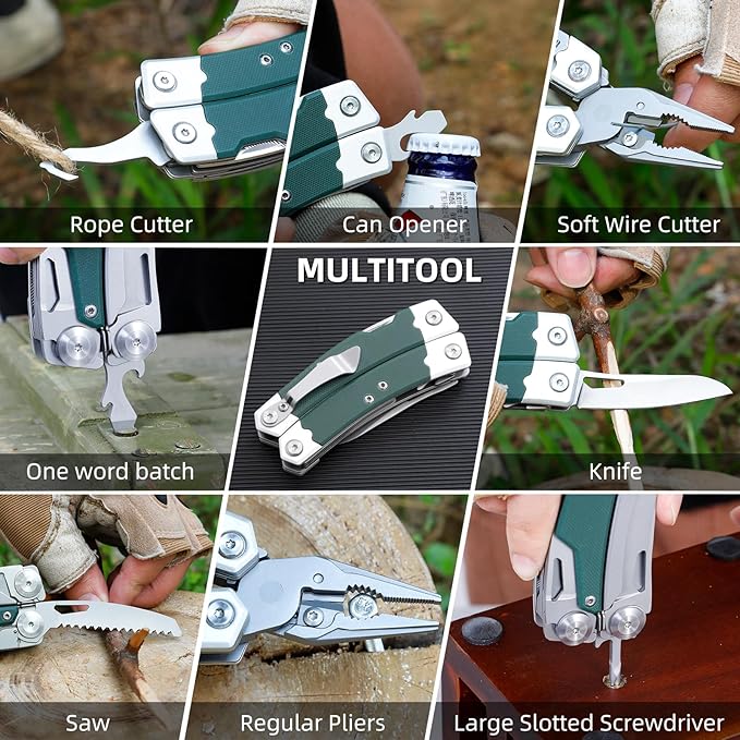HANSHI G10 Handle Multitool Pliers with YG10 Tungsten Steel Replaceable Wire Cutters 12 in 1 Multi Tool Pocket Knife with Safety Lock,Saw,Bottel Opener for Camping,Survival with Nylon Sheath (green)