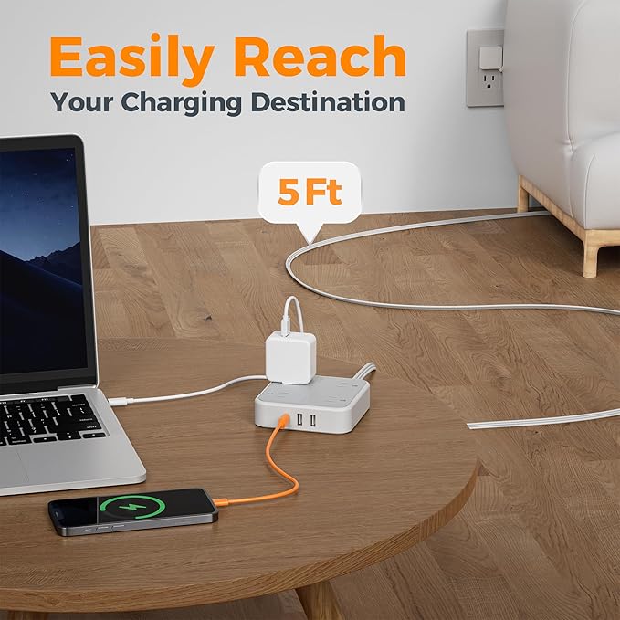 TESSAN Surge Protector Flat Extension Cord 5Ft, Flat Plug Power Strip with 4 Outlets 3 USB Ports (1 USB C), 900 Joules Protection, Multiple Wall Outlet Extender Suitable for Home Office Dorm, Grey