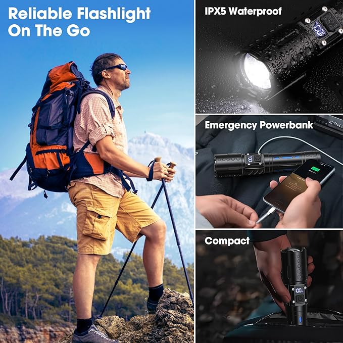 Hoxida Rechargeable LED Flashlights High Lumens, 2000LM Super Bright Flashlight with Memory Function & Stepless Dimming, 5 Modes Powerful Waterproof Handheld Flashlight for Camping Emergencies