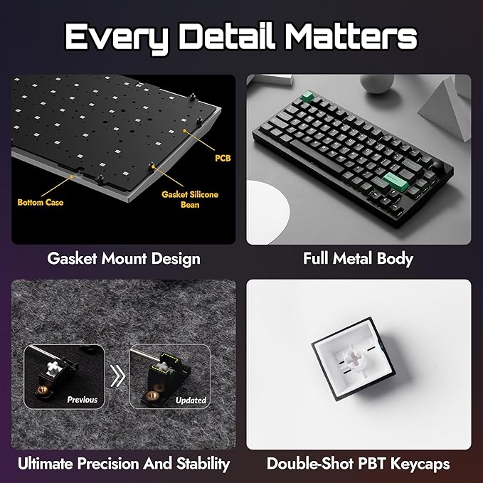 P1 HE 75% Wireless Custom Mechanical Gaming Keyboard with Gateron Double-Rail Magnetic Switches Full Assembled Knob Version - Black