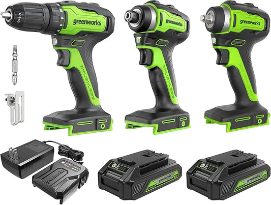 Greenworks 24V Brushless Cordless Tool Kit: 3-in-1 Drill Driver, Impact Driver & Impact Wrench with 2x 2Ah Batteries & Charger – Lightweight, Compact for DIY