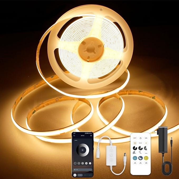 COB LED Strip Lights with RF Remote, 24V 32.8ft Warm White Dimmable LED Light Strips, High Bright 2700K LED Lights with Power Supply for Room, Kitchen, DIY Home Decoration