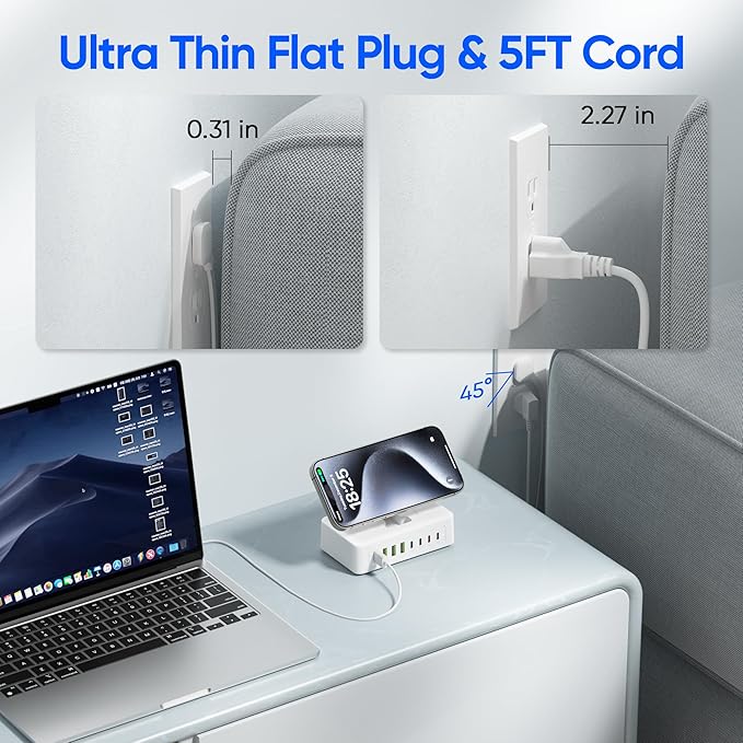 160W USB Charging Station Power Strip, 11-in-1 USB C Charger Block, 2AC Outlets with 8USB Ports(4USB-C), 5FT Flat Plug Extension Cord, Fast Charging Desktop Charger for Home Office Dorm Room, White