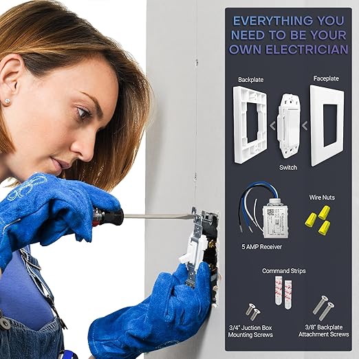 RunLessWire Single Pole Battery-Free DIY Wireless Light Switch Kit 150ft RF Range Self-Powered by Kinetic Energy for Fixtures & Outlets : 1 Remote Switch Controls 1 5A On/Off Receiver – Ivory