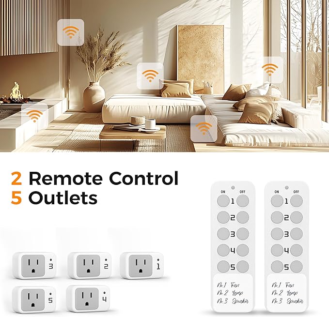 Wireless Remote Control Outlet, TESSAN Electrical Wall Plug with ON/Off Light Switch for Indoor String Lights, Lamps, Home Appliances, 100ft Range (2 Remotes + 5 Outlets)