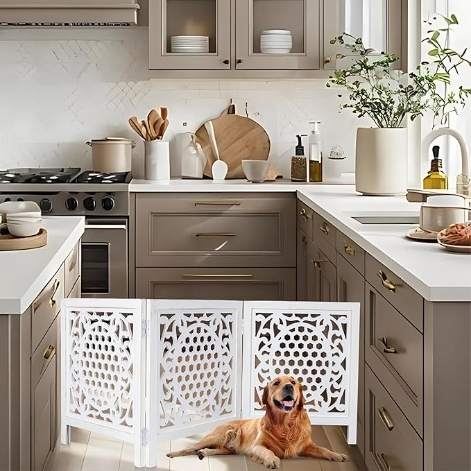 Bedding Craft Wooden Dog Gate 20" Wide x3 Panels,Color White, Total 60 inch Wide, Foldable Free Standing Dog Gate Indoor,Dcorative Gates Doorways, 3 Panels Pet Gate Extra 24" Height