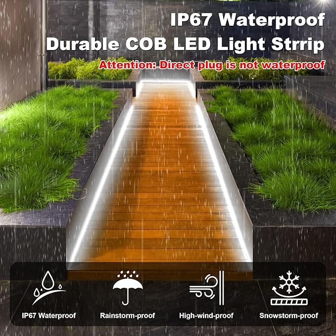 IP67 Waterproof COB LED Strip Lights AC 120V Direct Plug, 100FT Super Bright Outdoor Strip Lights with Double Fuse Controller, 6500K White LED Strips for Garden Patio Commercial Decor