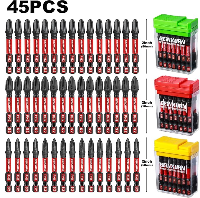 Impact Phillips Screwdriver Bits Set,45 Pcs 2" Magnetic(PH1/PH2/PH3) S2 Steel Multi Driver Bits with Storage Colorful Box