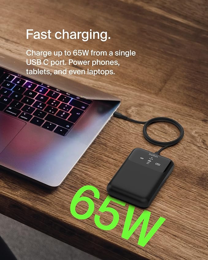 Belkin Portable Charger, 3-Port Laptop Power Bank 20000 mAh - USB-C & USB-A Ports, 65W iPhone Charger Fast Charging - MacBook, Apple iPhone 16, iPad, Samsung Galaxy S25, Nintendo Switch 2, etc - Black