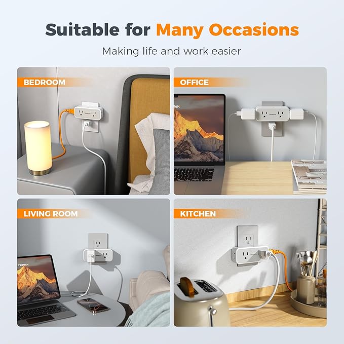 Outlet Extender Surge Protector, TESSAN Multi Wall Plug with 4 AC Electrical Outlets, 3 Sided Multiple Plug Expander, 1875W Max, Power Splitter 3 Prong Adapter for Home Bathroom Office Dorm Room