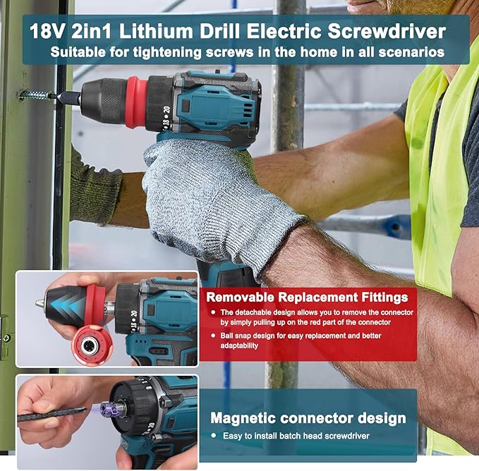 18V 2in1 Lithium Drill, Electric Screwdriver 45Nm Torque Brushless Motor Screw Driver with 2pcs Chargeable Battery Power Tool for Home Furniture Installation Automotive Electronics Repairing