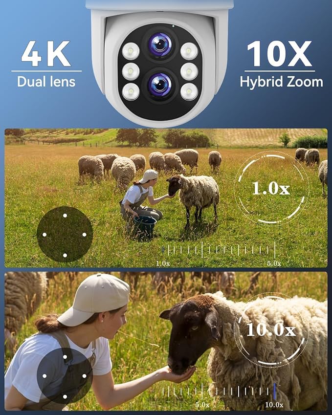 Wireless Security Camera System Outdoor: Dual Lens 6MP 10X Hybrid Zoom Auto-Track PTZ 4PCS 4K 10CH DVR with 1TB HDD for Home Security