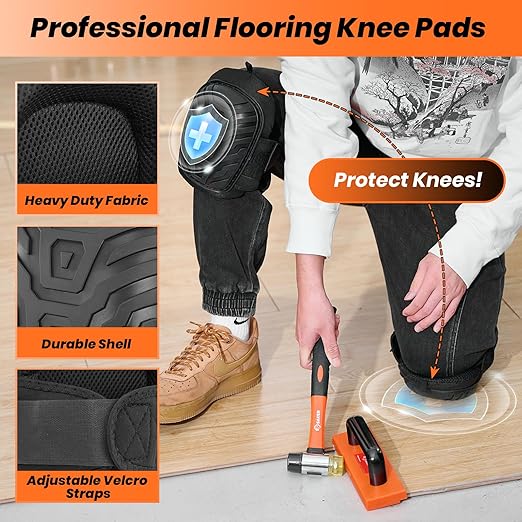 Saker Laminate Flooring Tools, 107-Piece Wood Flooring Installation Kit with 100 Flooring Spacers,Tapping Block with Handle, Pull Bar,10”Contour Gauge,Rubber Mallet,Tape Measure,Protective Knee Pads