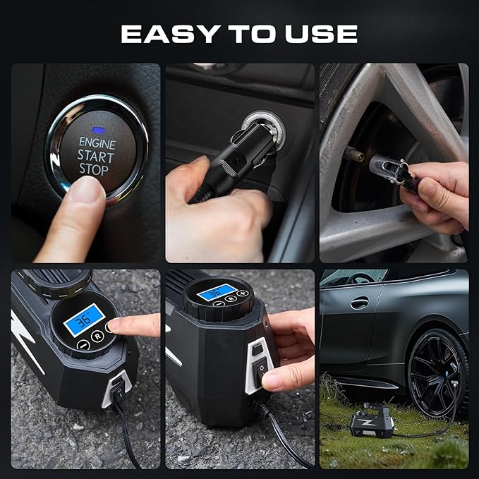 Tire Inflator Portable Air Compressor, DC 12V Tire Air Pump with LED and 150PSI Digital Pressure Gauge, Portable Tire Inflator for Car Tires, Motorcycles, Bike, Ball (Silver)