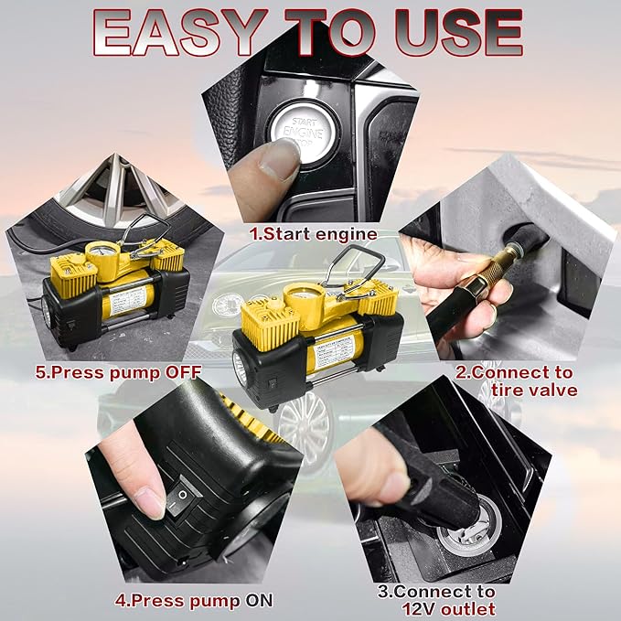 YUNGTEE Yellow Tire Inflator Heavy Duty Double Cylinders Direct Drive Inflation Pump,12V Portable Air Compressor Pump with Emergency LED Light - 150PSI Tire Pump,Apply to Car,Suv,RV