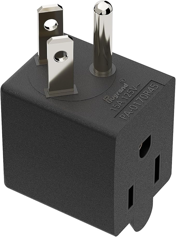 90 Degree Right Angle USA 3-Prong Male-Female Adapter, 5-15P to 5-15R, Black