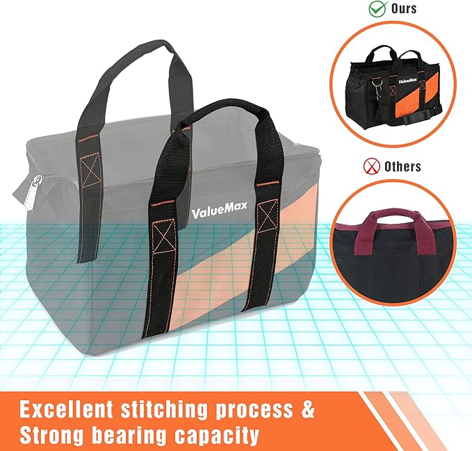 ValueMax 16-Inch Wide Mouth Tool Bag, Tool Organizer Tote Bag with Shoulder Strap, Heavy-duty Tool Storage Bag with 13 Pockets for HVAC, Plumber, Mechanic
