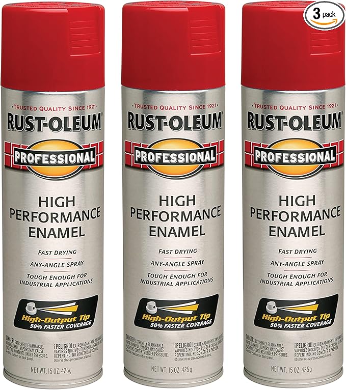 Rust-Oleum 7564838-3PK Professional High Performance Enamel Spray Paint, 15 Oz, Gloss Safety Red, 3 Pack