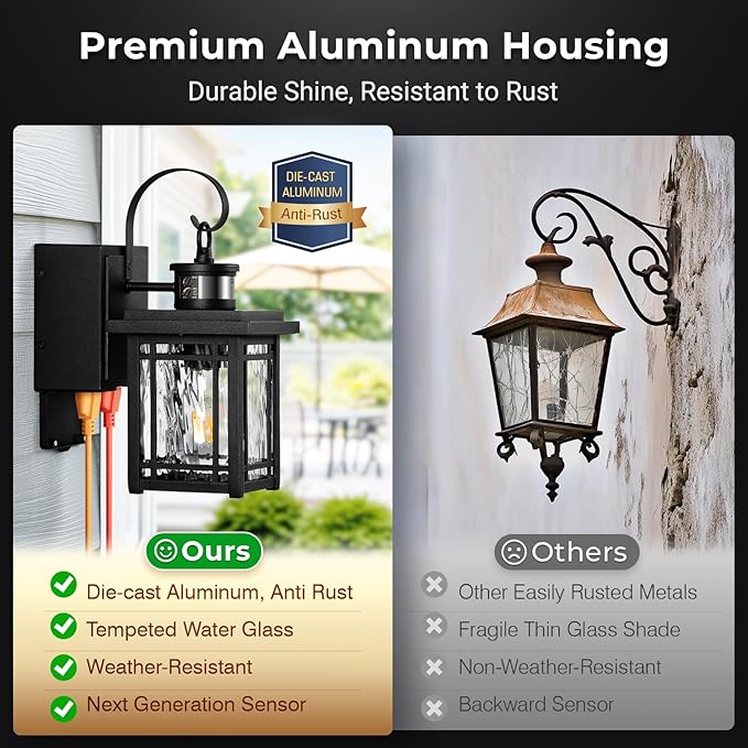 2-Pack Front Porch Light with GFCI Outlet, Black Motion Sensor Outdoor Light Fixtures Wall Mount, Exterior Wall Sconce with Adjustable Sense Range, 100% Aluminum Coach Lantern for Garage, Patio