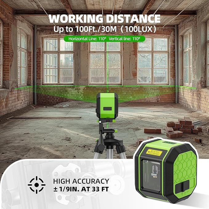 Laser Level, HUEPAR Self leveling Green Cross Line Laser Level 100Ft Accurate Level Laser Tool for DIY Construction & Decoration Indoor Projects, Built-in Li-ion Battery for Longer Working Time