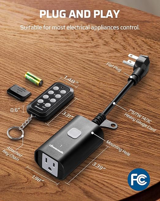 DEWENWILS Outdoor Remote Control Outlet, 15A Wireless Remote Control Switch, 100FT Control Range & 14AWG SJTW Power Cord, Weatherproof for Outdoor Appliances, 1 Remote Control+3 Outlets, FCC Listed